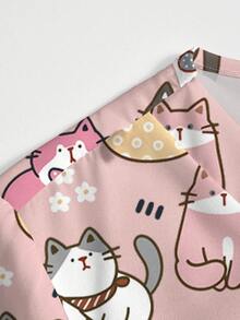 PopScrub Cartoon Katze & Graffiti Muster Hellrosa Mode V-Ausschnitt Kurzarm Tasche mit Ohr Design Spalt Arbeitsoberteil, Hellrosa gerade Bein Hose Damen 2-teiliges Set, Frühling/Sommer Krankenschwester Uniform, Lässiges Hosen Set, Uniform Set - Verschiedenfarbig - Übersicht 5
