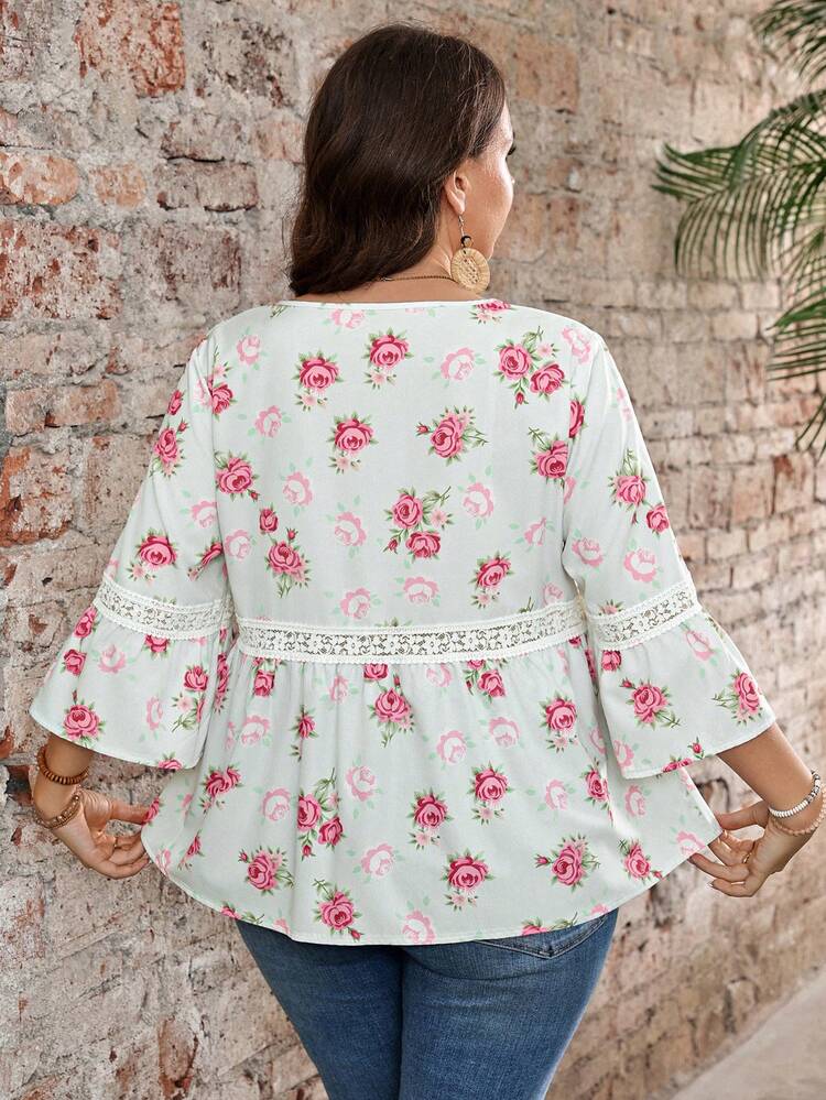 Plus Size Floral Print Lace Patchwork Casual Vacation Shirt