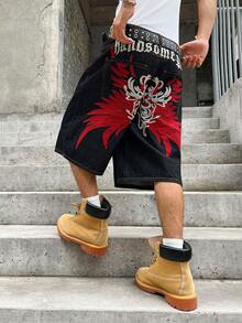 Manfinity Roghcode Embroidered Wing Design Unisex Fashionable Graphic Streetwear Denim Shorts Vacation Black And Red Summer - Black - View 1