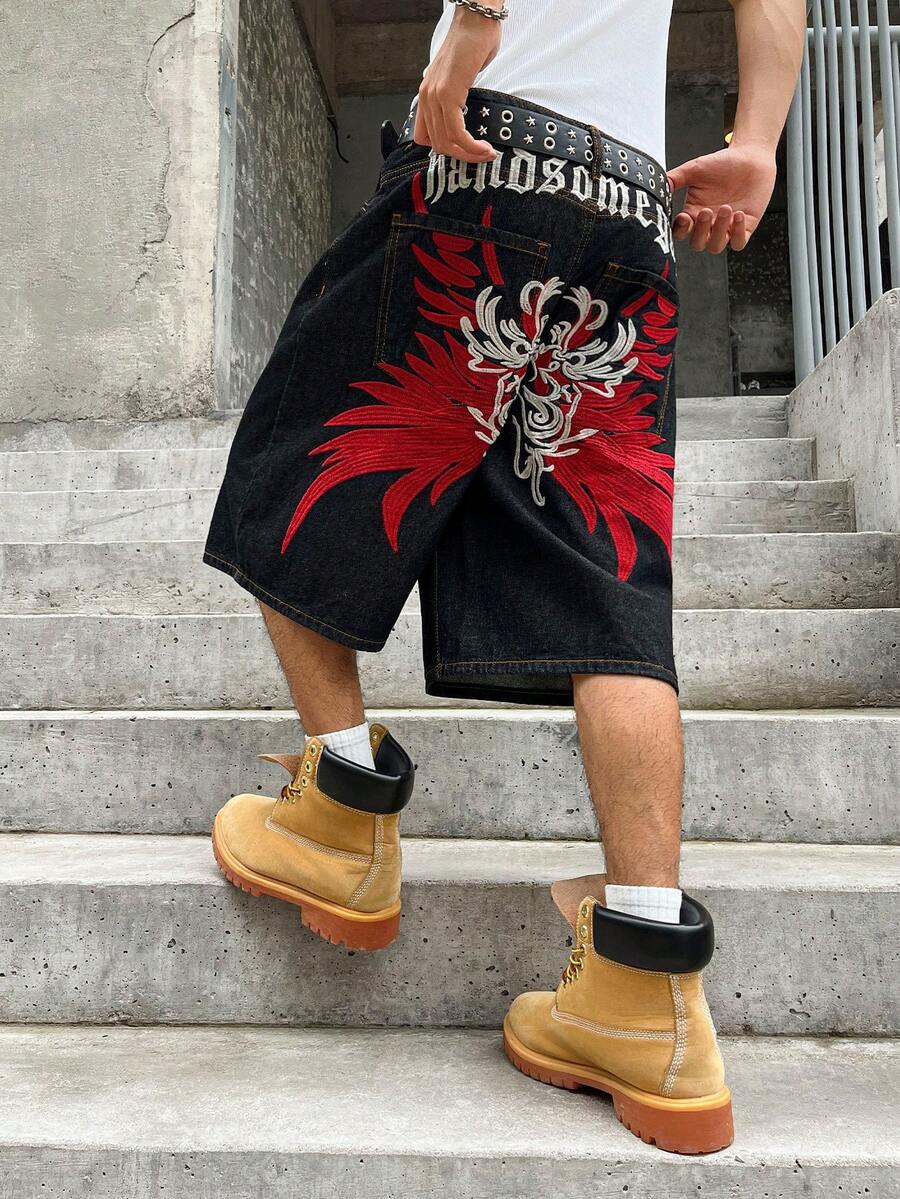 Manfinity Roghcode Embroidered Wing Design Unisex Fashionable Graphic Streetwear Denim Shorts Vacation Black And Red Summer - Black - View 1
