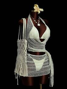 SHEIN Swim Women's New Solid Color Deep Draped Neck Sexy 4-Piece Swimwear Set, Spring/Summer Essential Bikini Set, Sexy And Elegant, Suitable For Beach Photos, Friends Gathering And Vacation, Mesh Hollow Texture Fabric Design - Beige - View 4