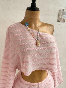 Soleia Women's Vacation Asymmetric Neck Long Sleeve Top And Shorts 2 Pieces Set - Pink - View 3