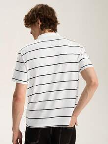 Limitiso Men's Casual Minimalist Black & White Striped Letter Polo Shirt, Suitable For School, Outings And Gifting To Friends - White - View 2