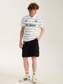 Limitiso Men's Casual Minimalist Black & White Striped Letter Polo Shirt, Suitable For School, Outings And Gifting To Friends - White - View 4