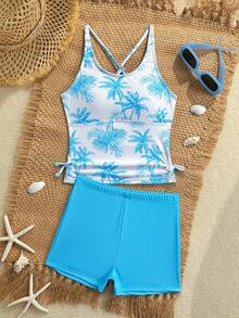SHEIN Bộ đồ bơi tankini buộc dây hở hông in hình cây cọ cho bé gái tuổi mới lớn, họa tiết ngẫu nhiên - Màu xanh lam - Xem 3