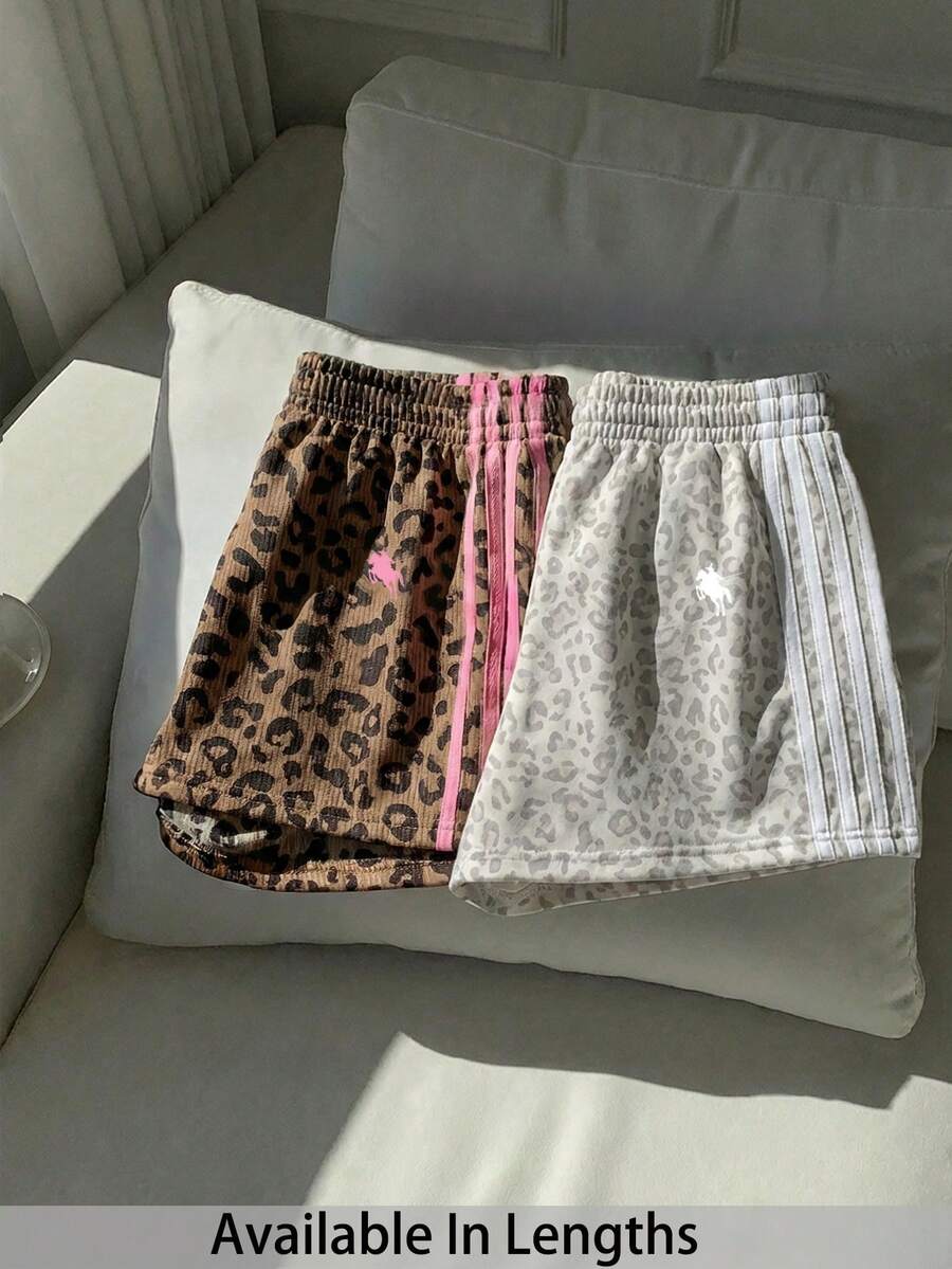 SHEIN PETITE CURVE Quần short dáng rộng, cạp chun, họa tiết da báo và sọc, kiểu dáng thường ngày. - Nhiều màu - Xem 1