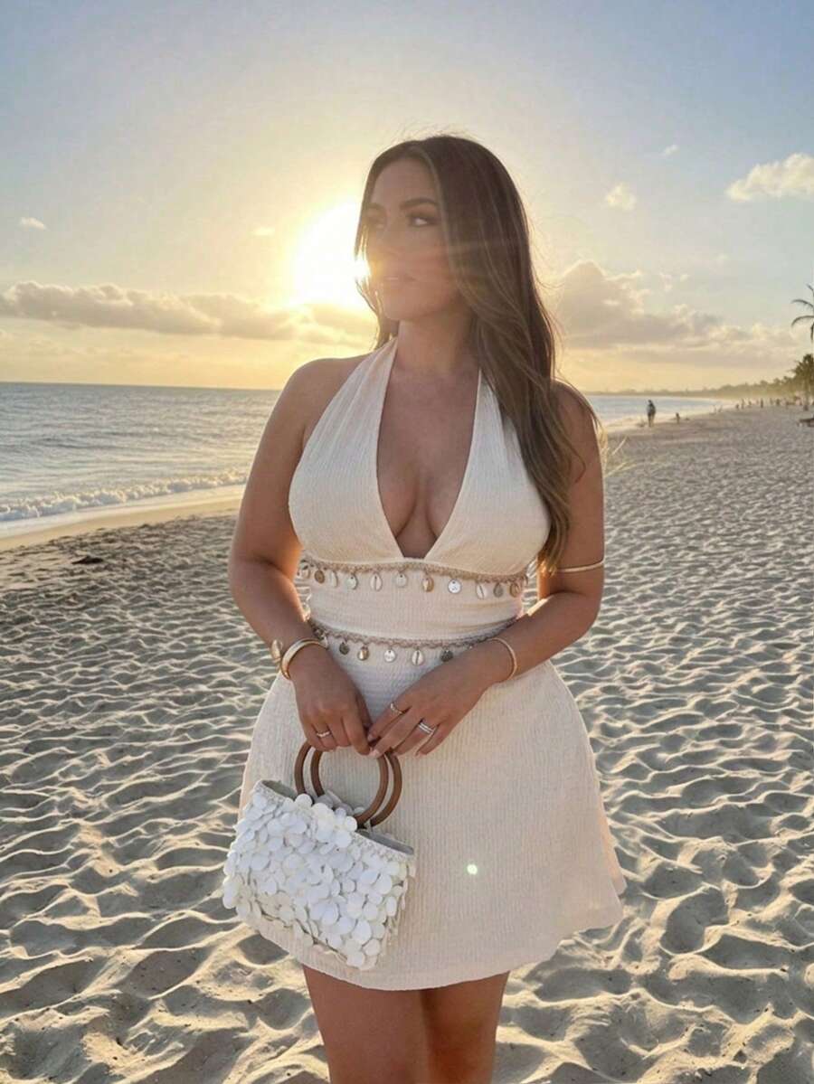 Auralis Deep V-Neck Plus Size Fitted Waist A-Line Bohemian Resort Mini Dress/Plus Size Dress/Backless - Apricot - View 1