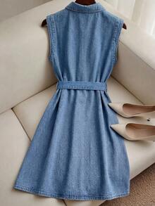 GlowEve Đầm denim nữ không tay, cài cúc phía trước, họa tiết hoa, phong cách thường ngày. - Màu xanh lam - Xem 3