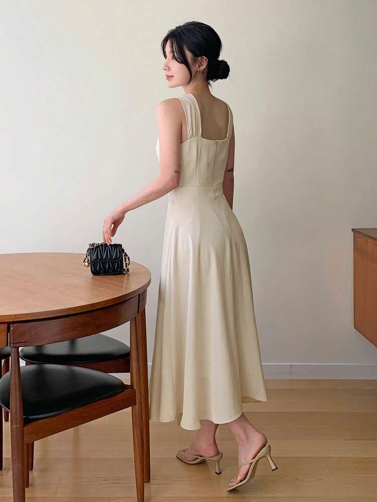 Solid Color Fitted Waist Twist Knot Umbrella Skirt Elegant Summer Women's Long Dress