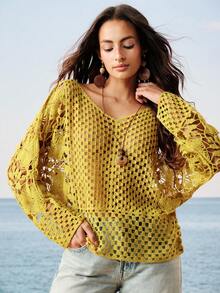 Breezaya Women's Spring Summer Autumn Beach Vacation Style Hollow Out Sheer Cover-Up Top - Blue - View 3