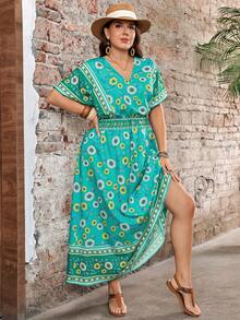 EMERY ROSE Plus Size Summer Vacation Floral Print Waist-Defining V-Neck Dress Beach Green Casual - Green - View 1