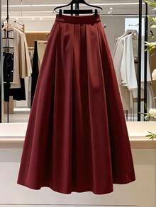 Franclia Women's Pleated Solid Color Flared Skirt - Burgundy - View 3