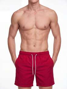 Manfinity KASUA Men Solid Color Drawstring Beach Shorts For Vacation Outfits - Red - View 5