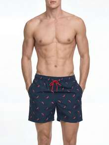 Manfinity KASUA Men Chili Print Drawstring Waist Swim Trunks,Hawaiian, 4th Of July Men Swimtrunk, Men S Beachwear - Navy Blue - View 5