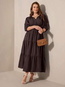 Comfylo Denim Effect Woven Plus Size Cinched Waist Long Dress - Brown - View 5