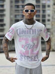 Devon Thys Men's Letter & Numeral Print Casual Loose Crew Neck Short Sleeve T-Shirt - Pink - View 3
