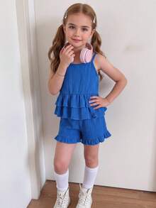 Girls' Summer Sleeveless Top And Shorts Set, With Layered Ruffle Hem, Trim, Matching Bow Hair Clip, Sweet Fresh Look - Blue - View 3