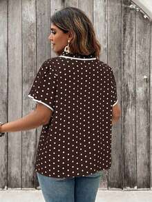 SHEIN Clasi Plus Size Women Polka Dot Pattern Tie Neck Short Sleeve Blouse - Coffee Brown - View 2