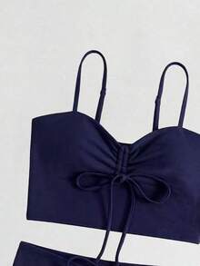 SHEIN Swim 女款純色度假繫帶抓皺背心與短褲泳裝兩件套 海灘深藍色夏季性感 - 藏蓝色 - 查看 6