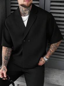 SLATEMANN 男士大尺碼純色鈕扣前襟寬鬆襯衫，儀式場合適用 - 黑色 - 查看 3