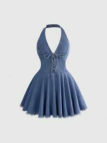 ROMWE Vestido de mezclilla de talla grande con cuello halter y cintura ceñida, versátil y combinable para primavera/verano - Lavado ligero - Ver 1