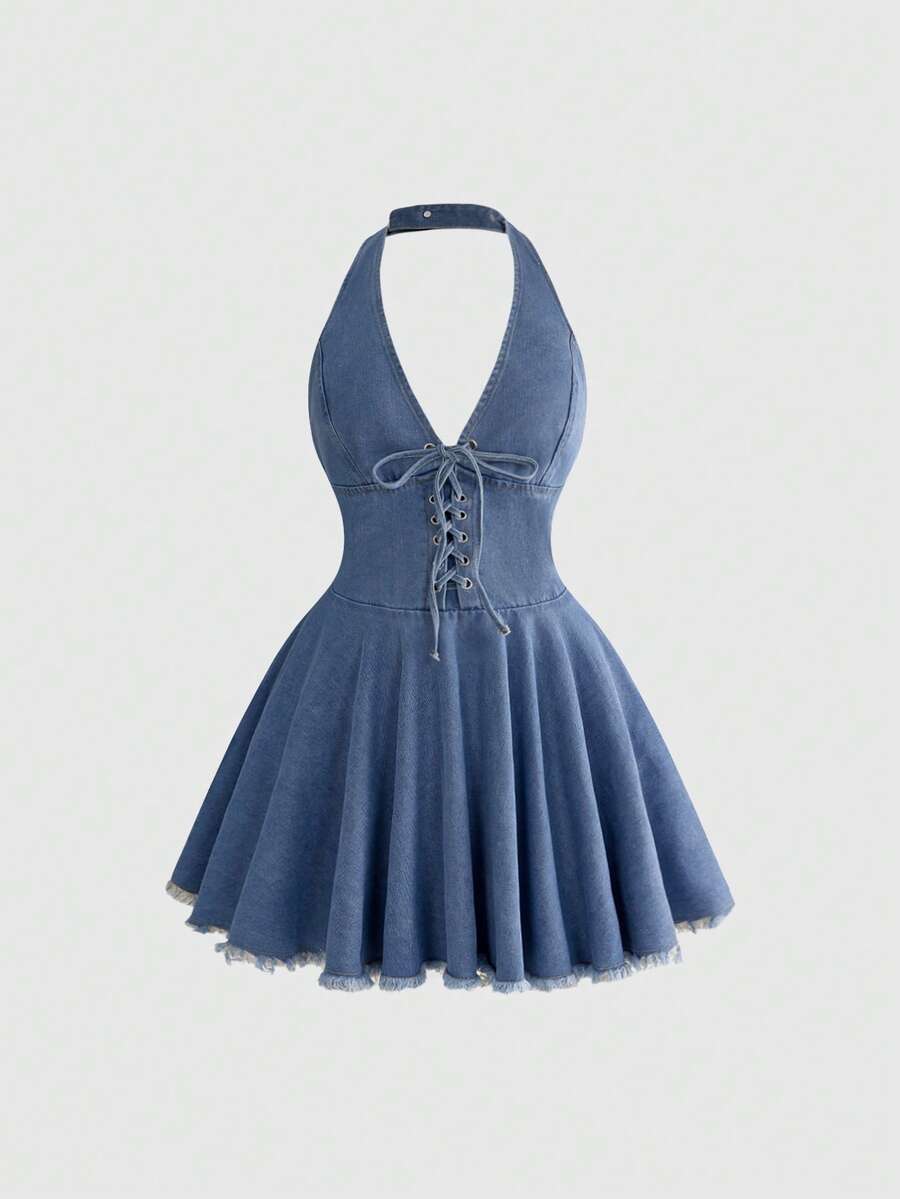 ROMWE Vestido de mezclilla de talla grande con cuello halter y cintura ceñida, versátil y combinable para primavera/verano - Lavado ligero - Ver 1
