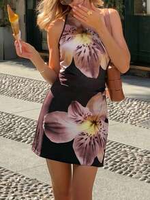 Vestido elegante de playa para vacaciones de mujer, vestido corto ajustado con estampado floral burdeos y hombro asimétrico, estilo bohemio, adecuado para el verano - Multicolor - Ver 6