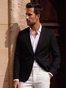 Officeau Blazer de manga larga de poliéster negro liso para hombre, con bolsillo, para verano/primavera/otoño, chaqueta deportiva, ligera, transpirable, fresca, casual, cómoda, para uso diario, regalo para padre/esposo - Negro - Ver 7