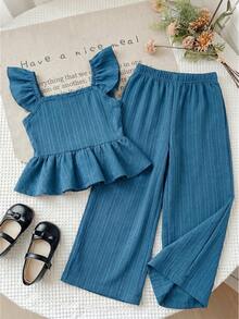 LMoss Kids Conjunto de top de manga corta y pantalones cortos en color rojo, adecuado para niños pequeños en primavera, verano y otoño, con diseño de lazo en la espalda - Azul - Ver 3