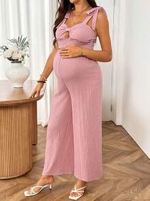 SHEIN 孕婦純色腰部繫帶寬腿連身褲 - 粉色 - 查看 4