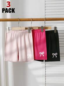 3 PiecesBig Girls Tween Girl Casual Summer Pajama Shorts Featuring Magenta Light Pink And Black Colors With A Delicate Bow Graphic Print On The Leg. These Comfortable Homewear Bottoms Are Crafted From A Soft Knit Fabric Providing A Smooth And Lightweight Feel For Stylish Daily Relaxing Or Cozy Nightwear. - Multicolor - View 9