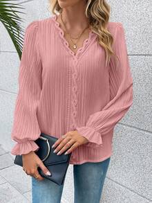 SHEIN 女款粉色蕾絲飾邊長袖襯衫 - 粉色 - 查看 7