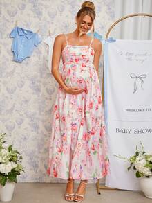 Loomaby Pregnant Women Summer Elegant Floral Print Spaghetti Strap Dress,Gender Reveal Dress,Maternity Dress,Baby Shower Dress - Red - View 9