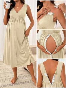 Slowluna Women's Solid Color Minimalist V-Neck Sleeveless Maternity Delivery Gown - Apricot - View 1