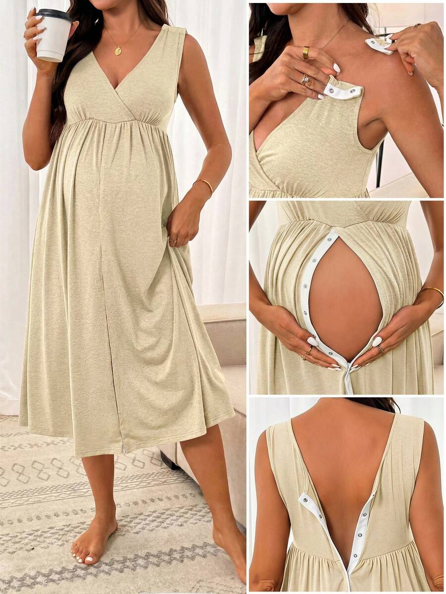 Slowluna Women's Solid Color Minimalist V-Neck Sleeveless Maternity Delivery Gown - Apricot - View 1