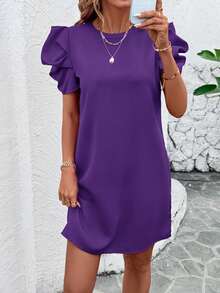 SHEIN Clasi Women's Solid Color Round Neck Short Puff Sleeve Casual Short Dress - Purple - View 5