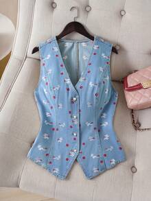 GlowEve Women's V-Neck Geometric Embroidery Pattern Casual Sexy Versatile Daily Wear Denim Jacket Back-To-School Swimming Pastal Summer - Blue - View 5