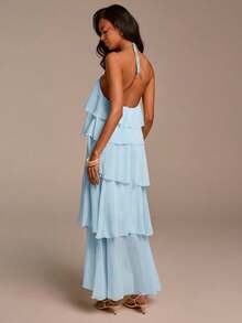 COSMINA Vestido con cuello halter y volantes amarillo pálido, vestido casual de vacaciones para reuniones y fiestas con cuello halter, vestido con volantes amarillo pálido, vestido con volantes amarillo - Celeste - Ver 2