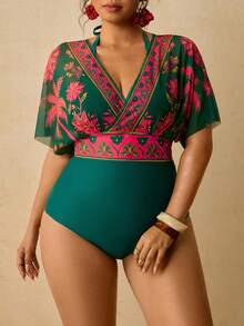 Travachic Plus Size Women's Floral Print 2 In 1 Swimsuit Bathing Suits For Women - Green - View 4
