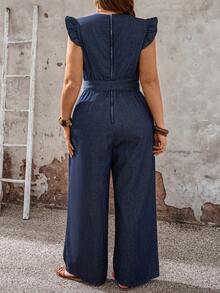 Modelyn CURVE Plus Size Women's Navy Blue Denim Jumpsuit,V-Neck Ruffle Sleeve Belted Wide Leg Overalls,Summer Smart Casual Everyday Minimalist Button Down Romper - Blue - View 2