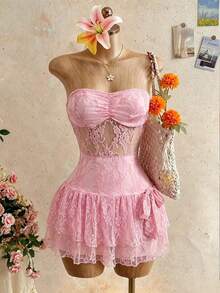 Franclia Vestido transparente de mujer con parches de encaje - Rosa - Ver 3