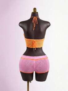 SaltGleam SaltGleam European And American Sexy Summer Beach New Fashion Hot Girl Knit Colorblock Halter Top And Shorts Set - Pink - View 2