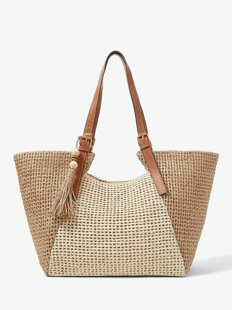 SHEIN Maija Ladies, Women Tote Bag, Shoulder Bag, Straw Bag, Straw Woven Bag, Tassels, Fashionable, Elegant, Simple, Personalized, Versatile, For Beach, Vacation, Holiday, Summer, Seaside, Beach Party, Commute, Office, Date, Daily, Shopping