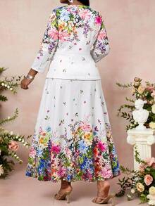 Fleurora Plus Size Elegant Floral Print Jacket And Dress 2 Pieces Set Fall Clothes Women's Winter Autumn Outfit Wedding Mother Of The Bride Formal White - Multicolor - View 2