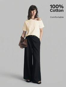 Ontre 女款100%純棉奶油白不對稱肩T恤，時尚日常寬鬆版型短袖上衣，夏季休閒商務，返校穿搭 - 淡黃色 - 查看 4
