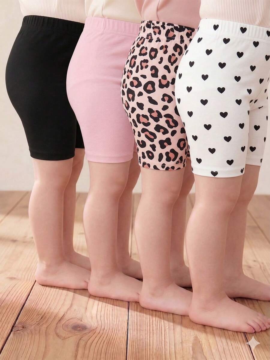 4pcs Girls Casual Shorts With Heart/Leopard Print/Solid Color Patterns, Suitable For Spring, Summer And Autumn Baby Pink - Multicolor - View 1