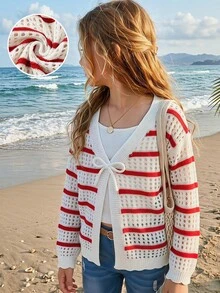 SHEIN 青少年女孩針織紅白條紋拼接休閒開襟外套 - 紅白色 - 查看 11
