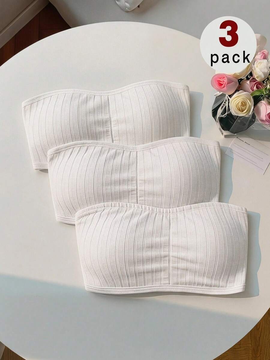 SHEIN Tween女孩簡約舒適親膚加墊抹胸內衣3件組 白色 - 白色 - 查看 1
