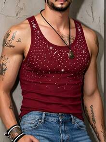 Manfinity Dauomo Men's Rhinestone Embellished Sleeveless Tank Top Mens Tank Top Tank Top For Men Rhinestone Tank Top Burgundy Tank Top Streetwear Sparkle Tank Top - Burgundy - View 4