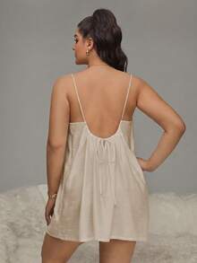 HautHeat Plus Size Summer Backless Spaghetti Strap Sleeveless Pleated Solid Color Nightgown - Khaki - View 2
